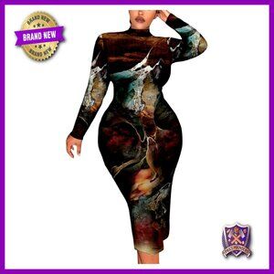 Plus Size Bodycon Dress Long Sleeve Graphic Print Midi Fitted Fall Outfit